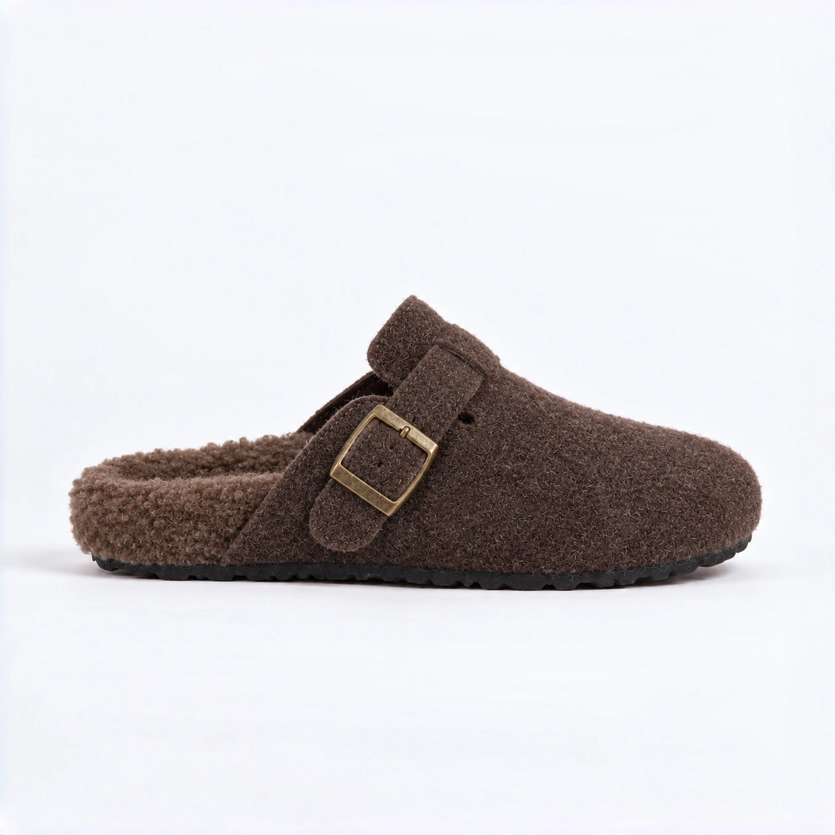 The Dual Stride Cozy Brown Fleece Buckle Mules