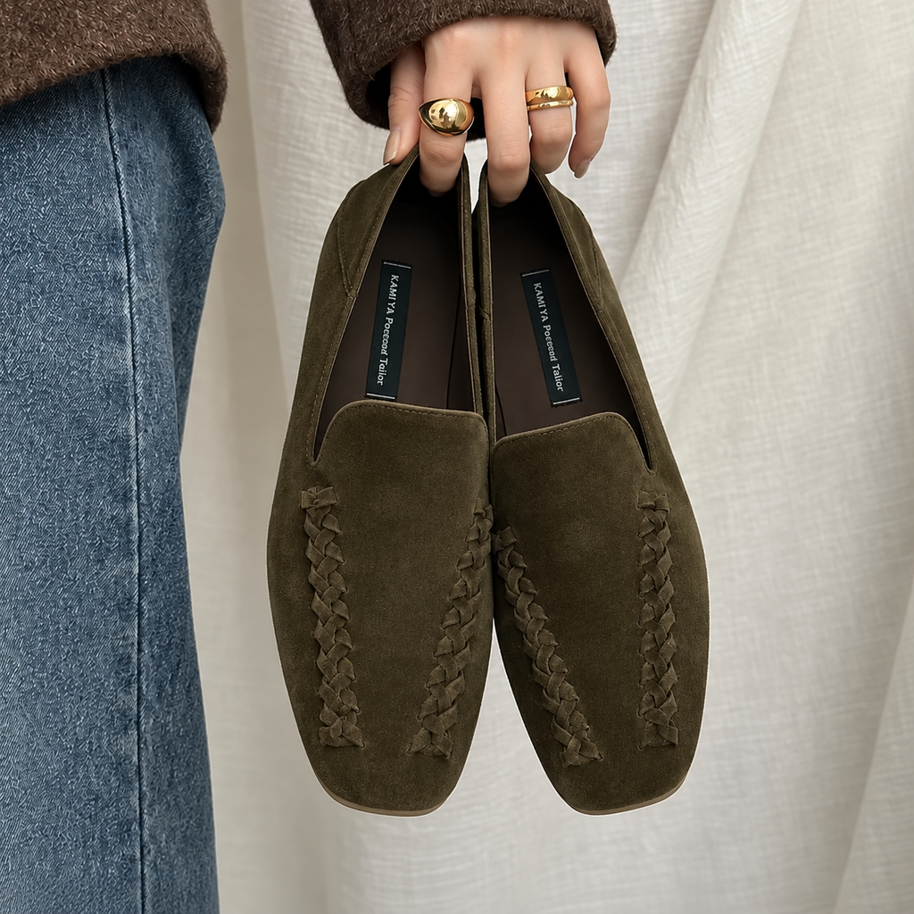 The Dual Stride Olive Brown Braided Suede Loafers