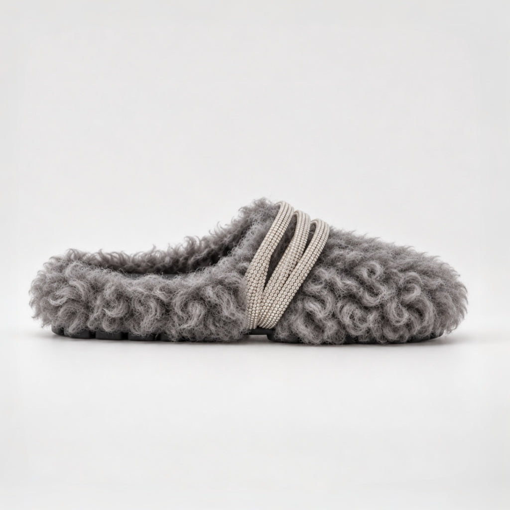 The Dual Stride Gray Curly Faux Fur Rhinestone Mule Slippers
