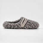 The Dual Stride Gray Curly Faux Fur Rhinestone Mule Slippers