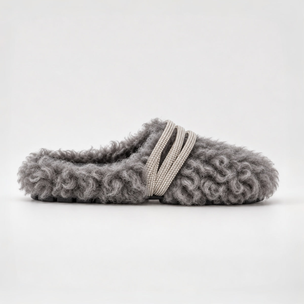 The Dual Stride Gray Curly Faux Fur Rhinestone Mule Slippers