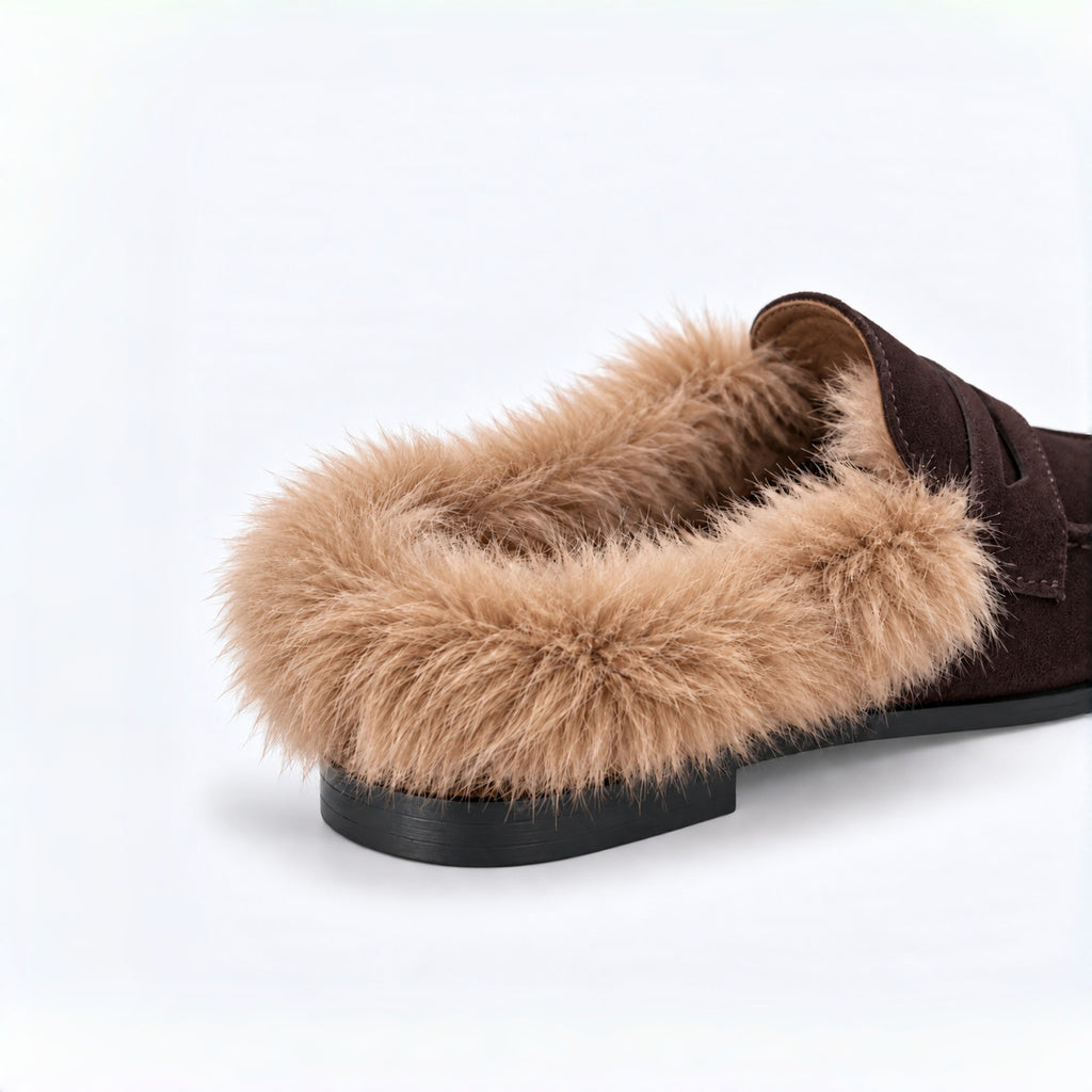 The Dual Stride Women's Dark Brown Suede Faux Fur Loafer Mules – Runs One Size Small