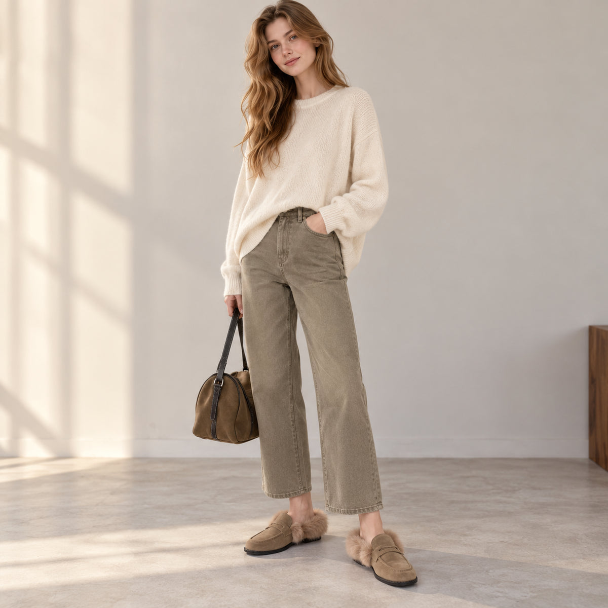 The Dual Stride Women's Khaki Suede Faux Fur Loafer Mules – Runs One Size Small