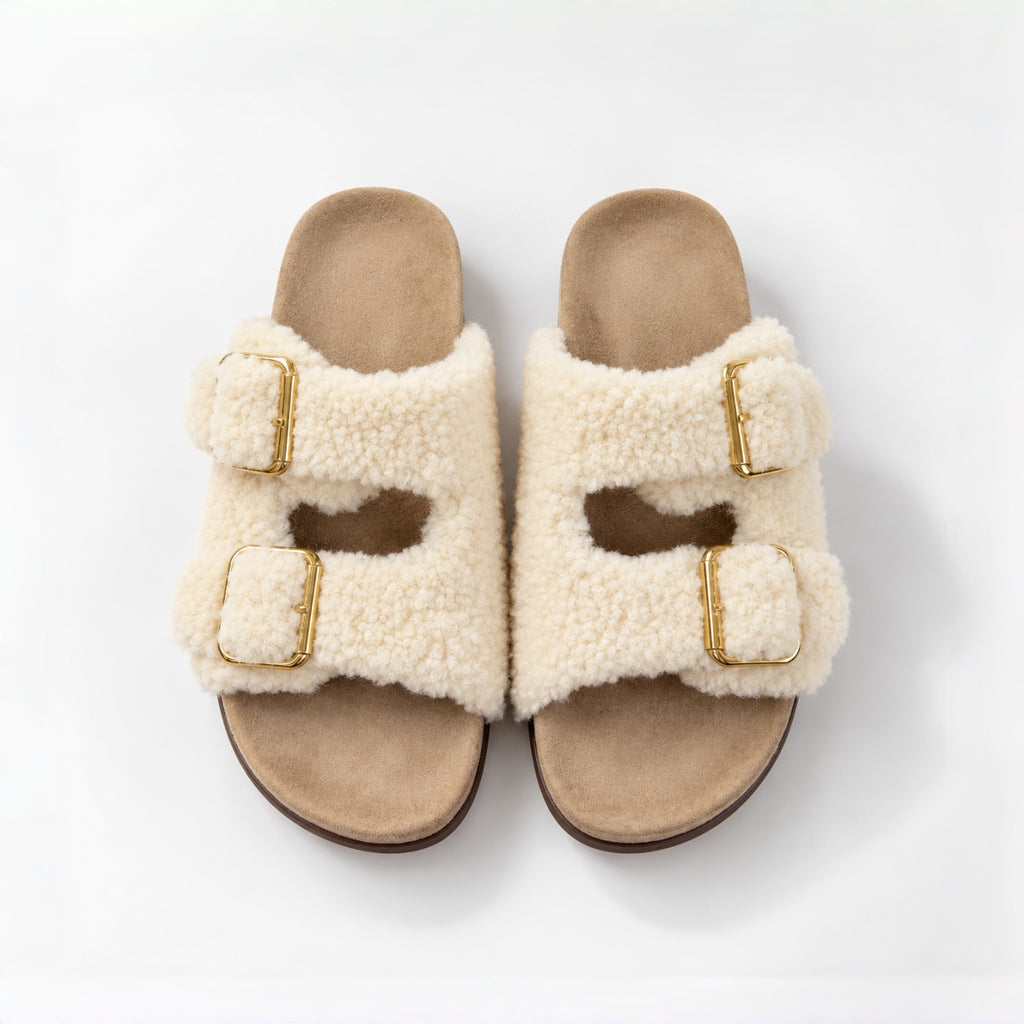 The Dual Stride Ivory Curly Faux Fur Double Buckle Slide Sandals