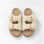 The Dual Stride Ivory Curly Faux Fur Double Buckle Slide Sandals