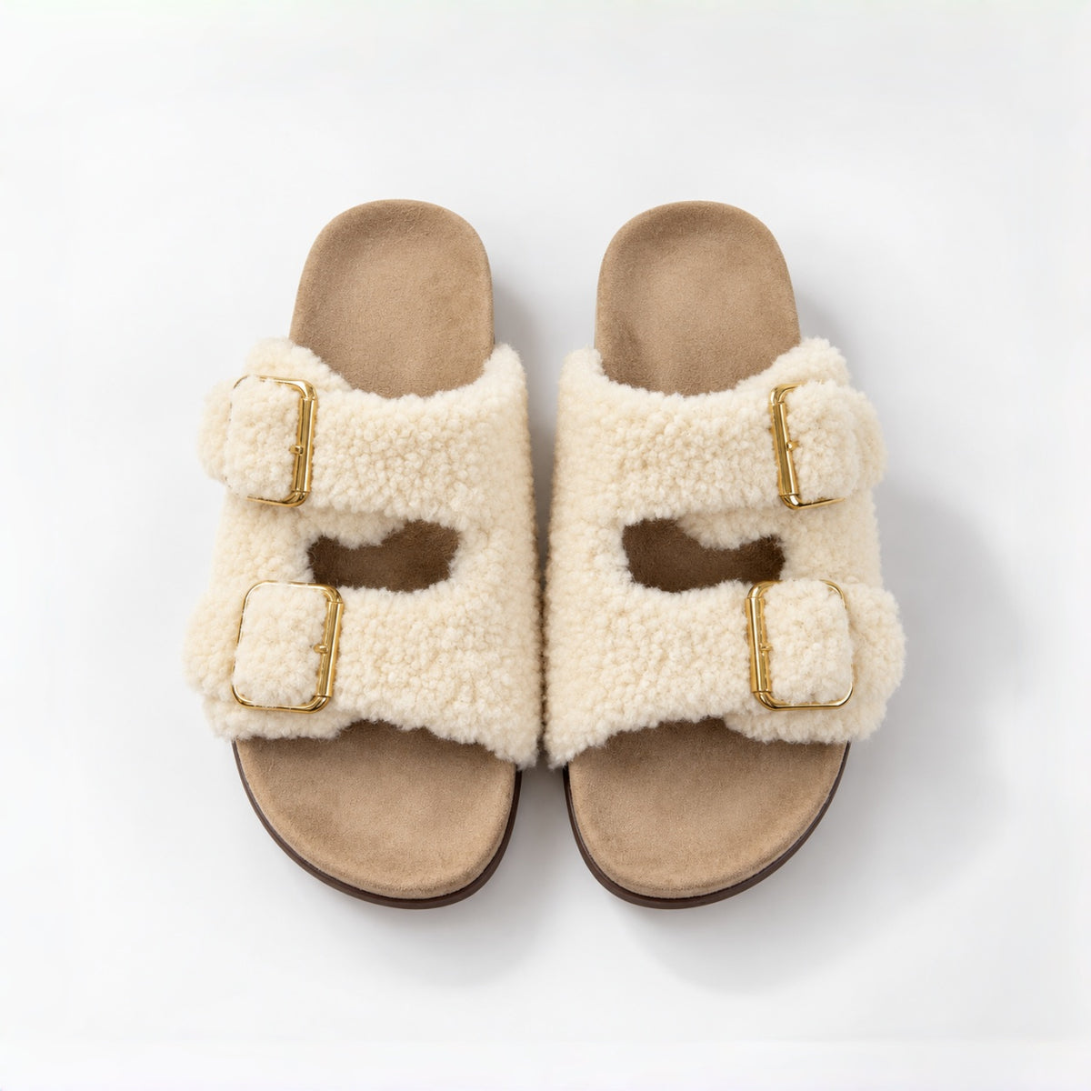 The Dual Stride Ivory Curly Faux Fur Double Buckle Slide Sandals