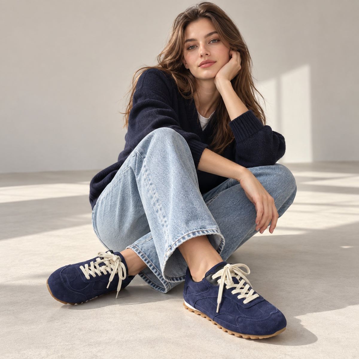 The Dual Stride Navy Blue Suede Retro Running Sneakers