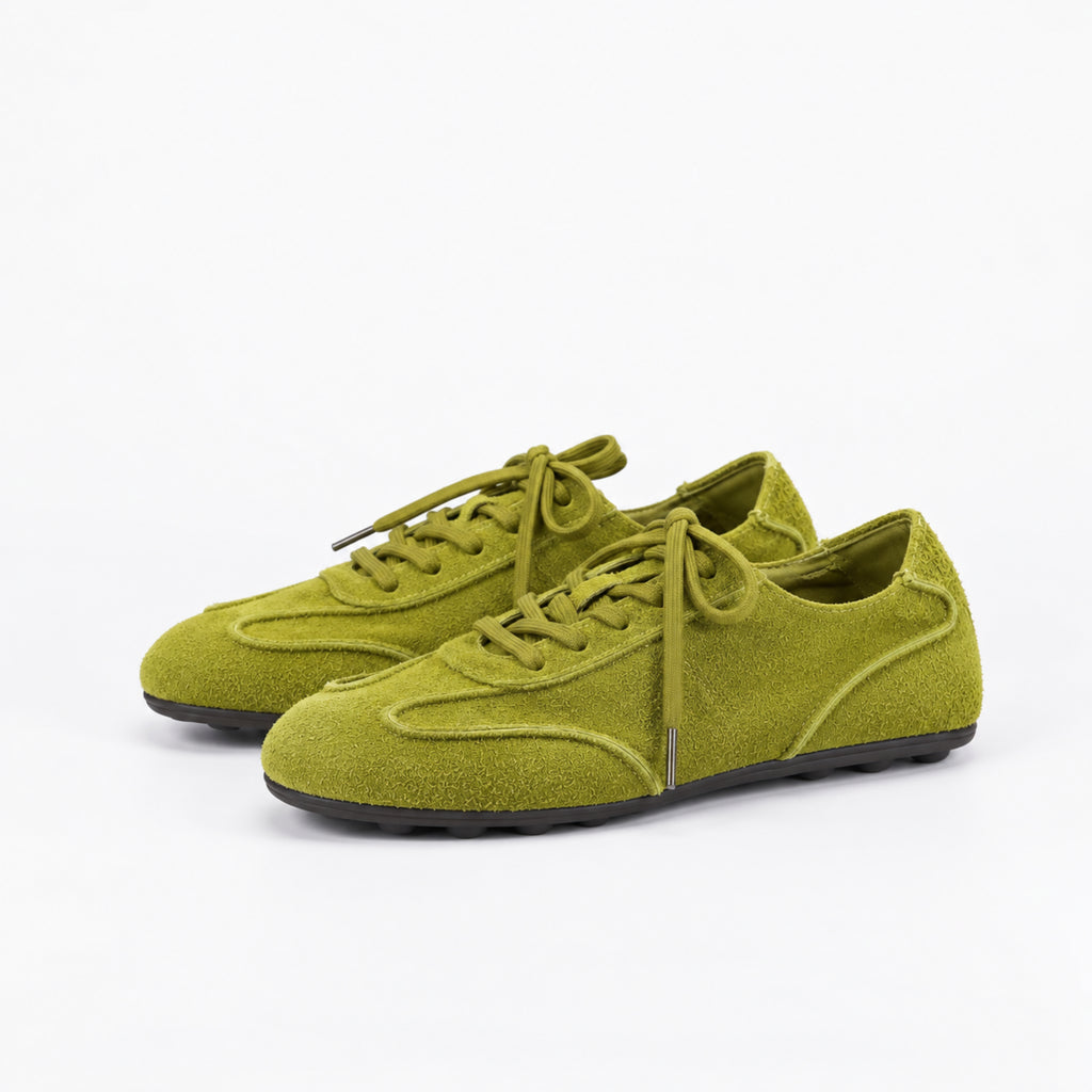 The Dual Stride Olive Green Suede Retro Sneakers