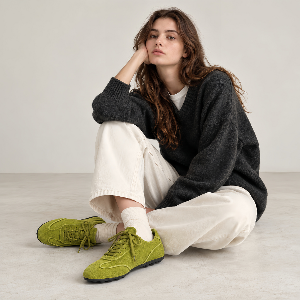 The Dual Stride Olive Green Suede Retro Sneakers