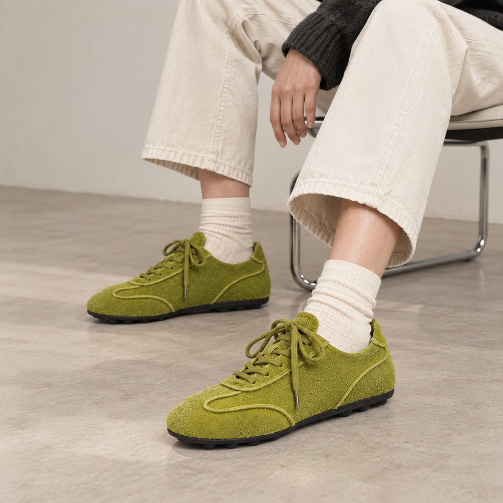 The Dual Stride Olive Green Suede Retro Sneakers