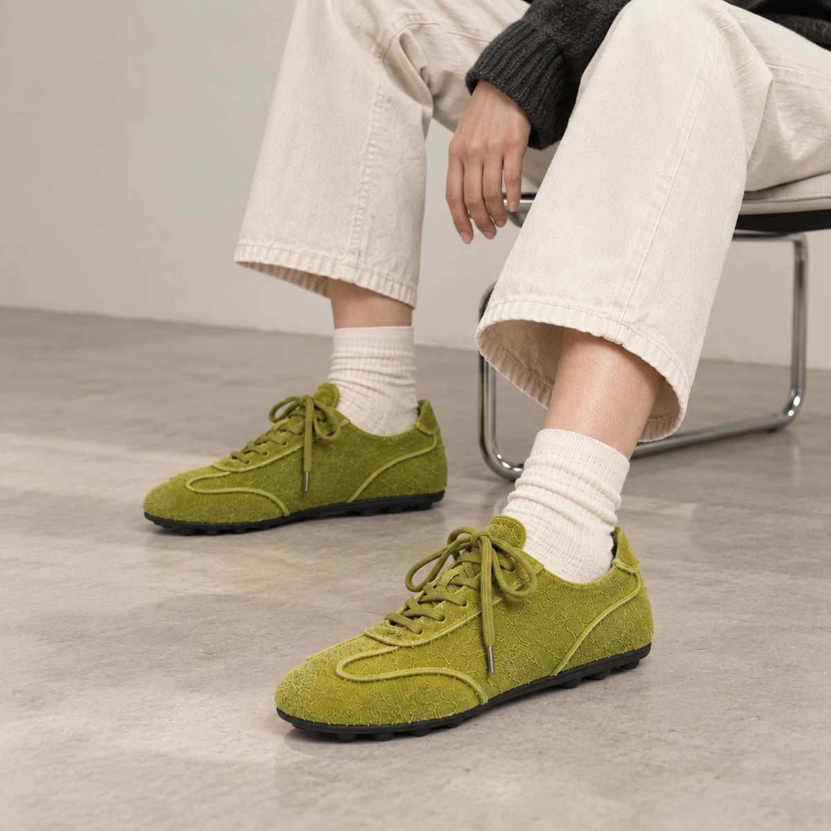 The Dual Stride Olive Green Suede Retro Sneakers