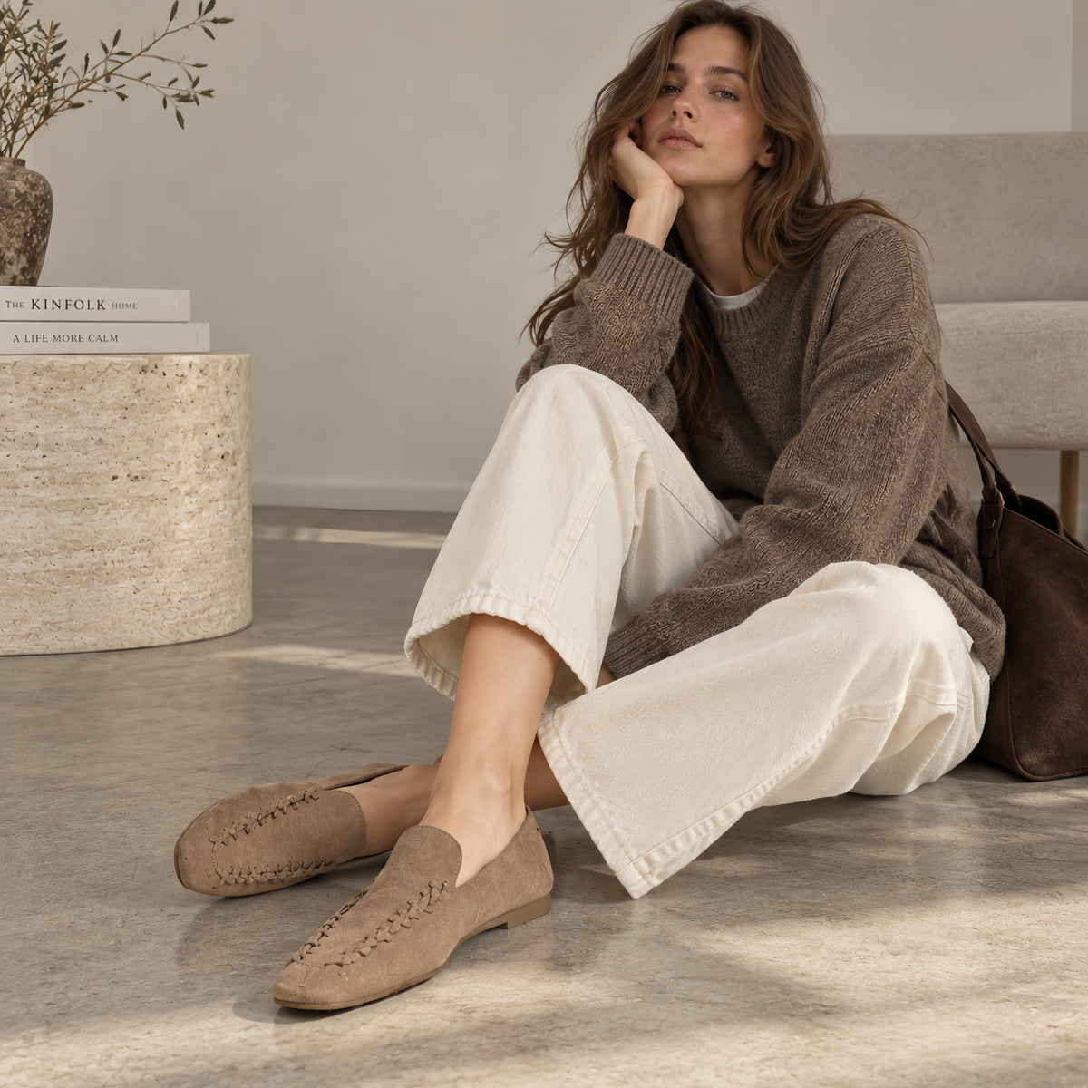 The Dual Stride Beige Braided Suede Loafers