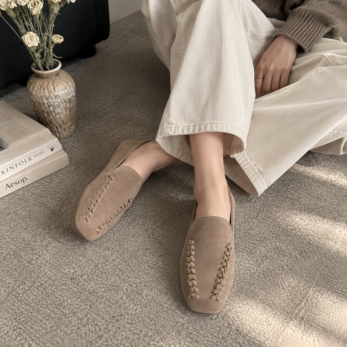 The Dual Stride Beige Braided Suede Loafers