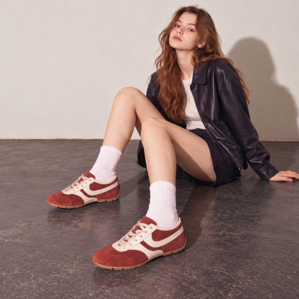 The Dual Stride Vintage Rust Red Suede Retro Sneakers