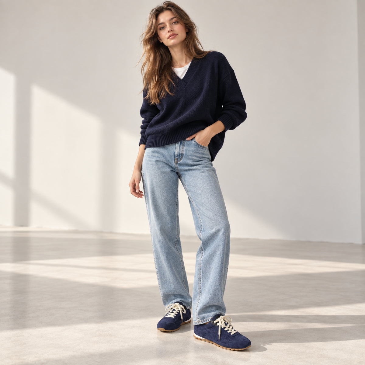 The Dual Stride Navy Blue Suede Retro Running Sneakers