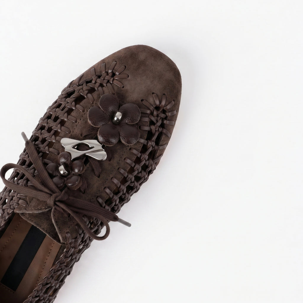 The Dual Stride Brown Open-Weave Suede Flats