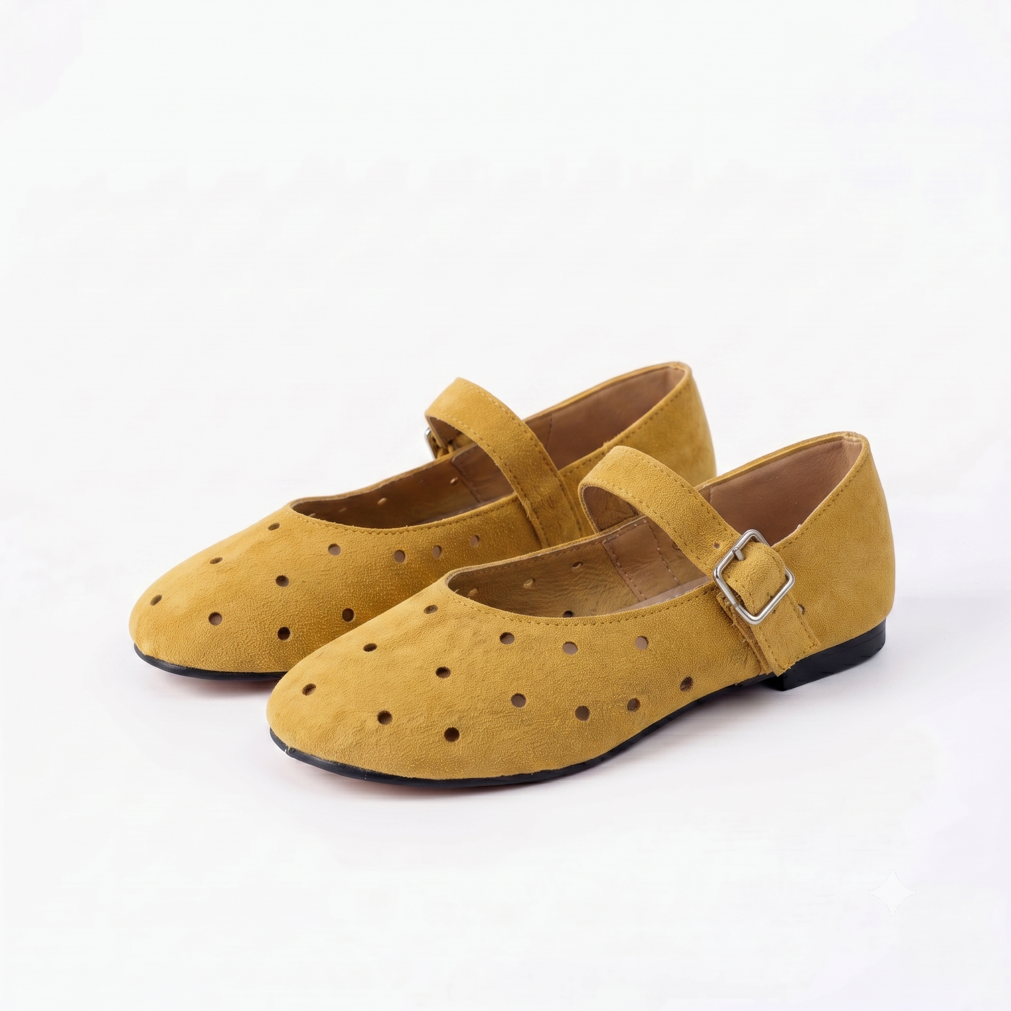 The Dual Stride  Women's Yellow Perforated Suede Mary Jane Flats