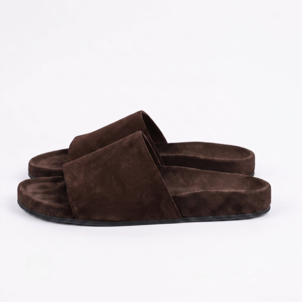 The Dual Stride Chocolate Brown Minimalist Suede Slide Sandals