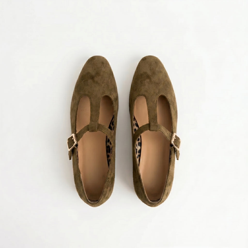 The Dual Stride Khaki Vintage Suede T-Strap Mary Jane Shoes