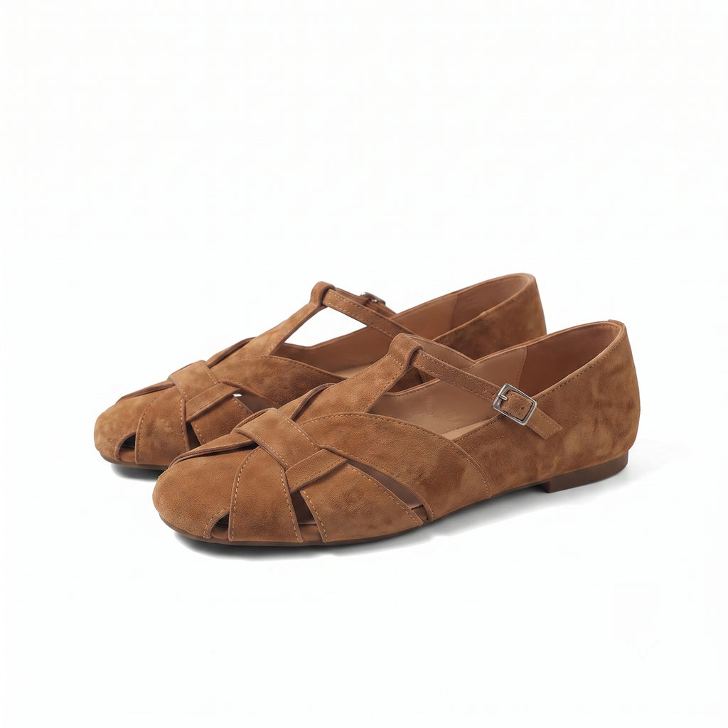 The Dual Stride Brown Handcrafted Suede T-Strap Flats