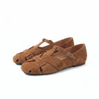 The Dual Stride Brown Handcrafted Suede T-Strap Flats