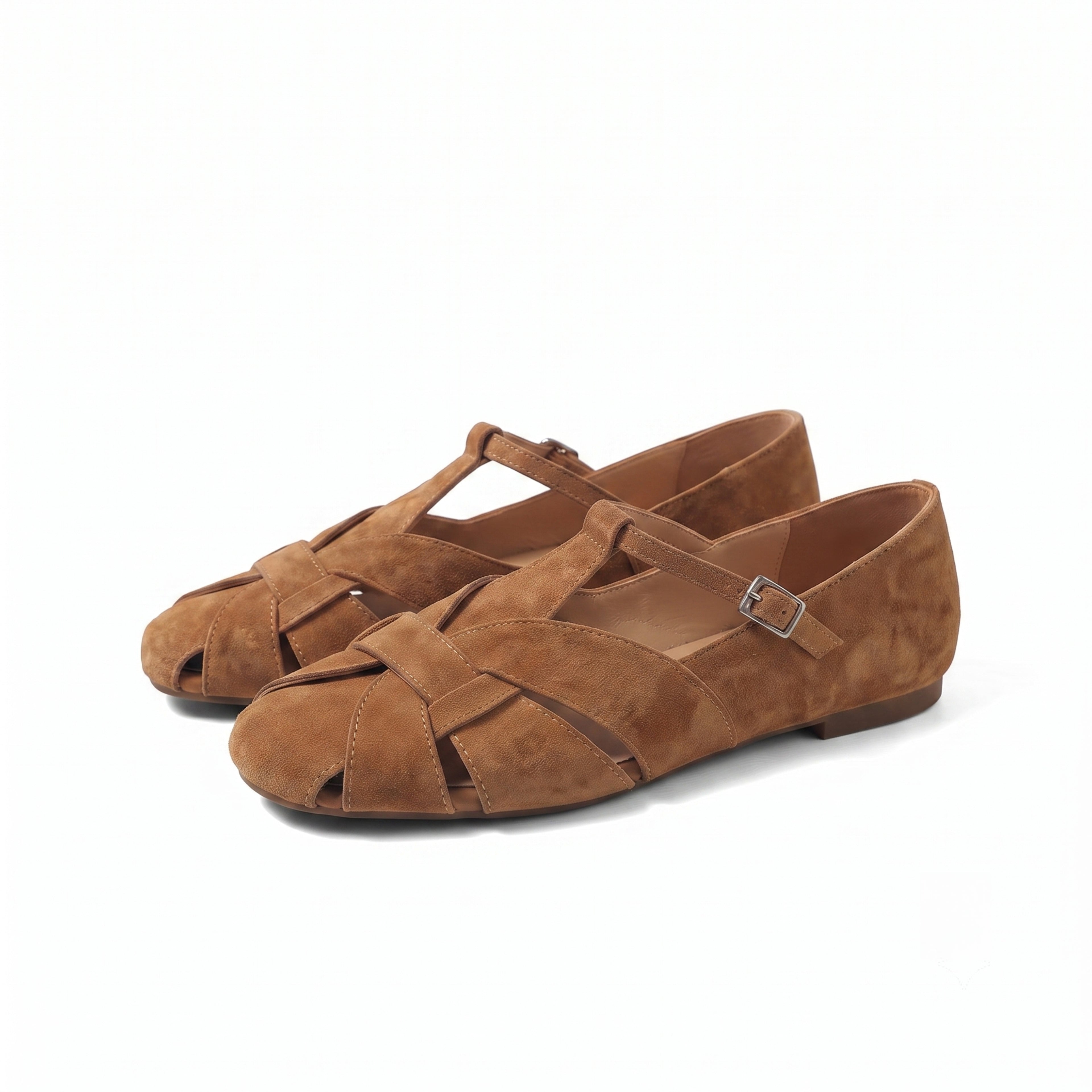 The Dual Stride Brown Handcrafted Suede T-Strap Flats