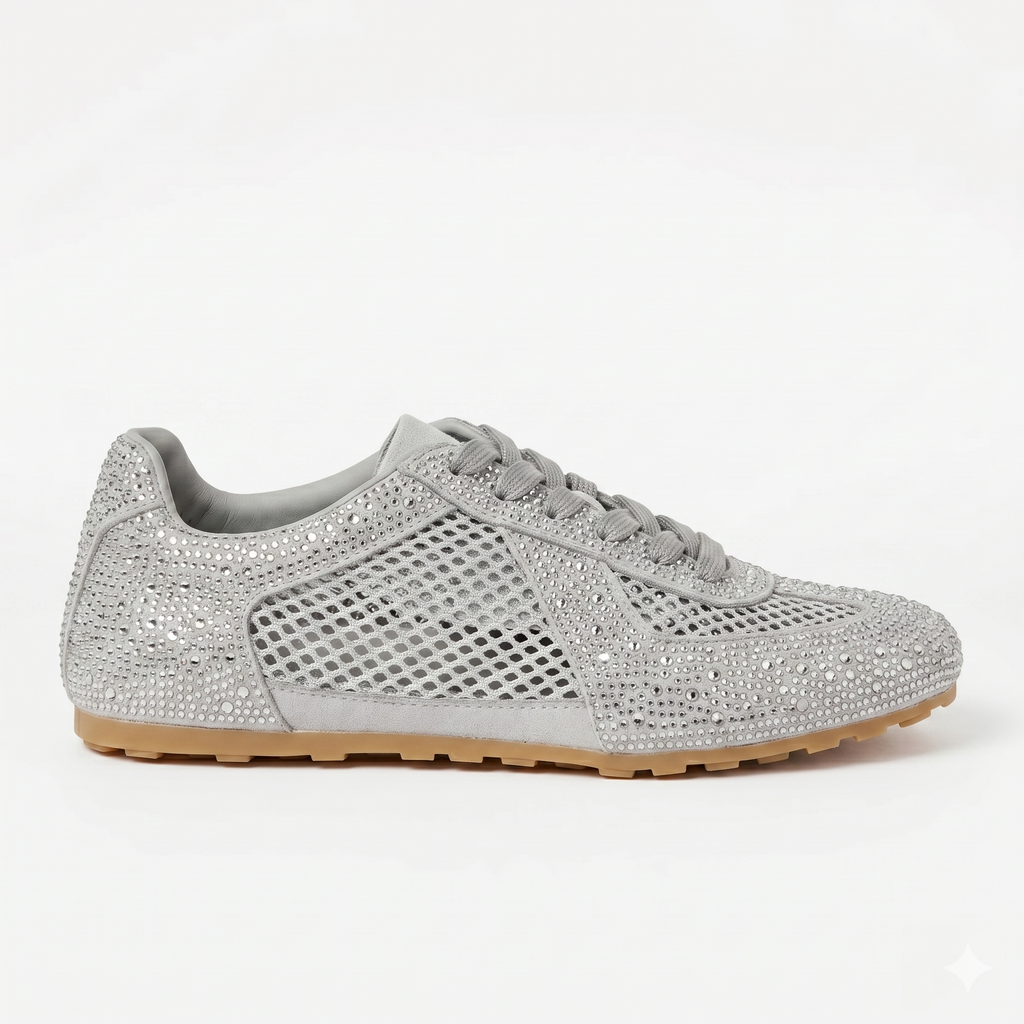 The Dual Stride Grey Sparkling Rhinestone Mesh Sneakers