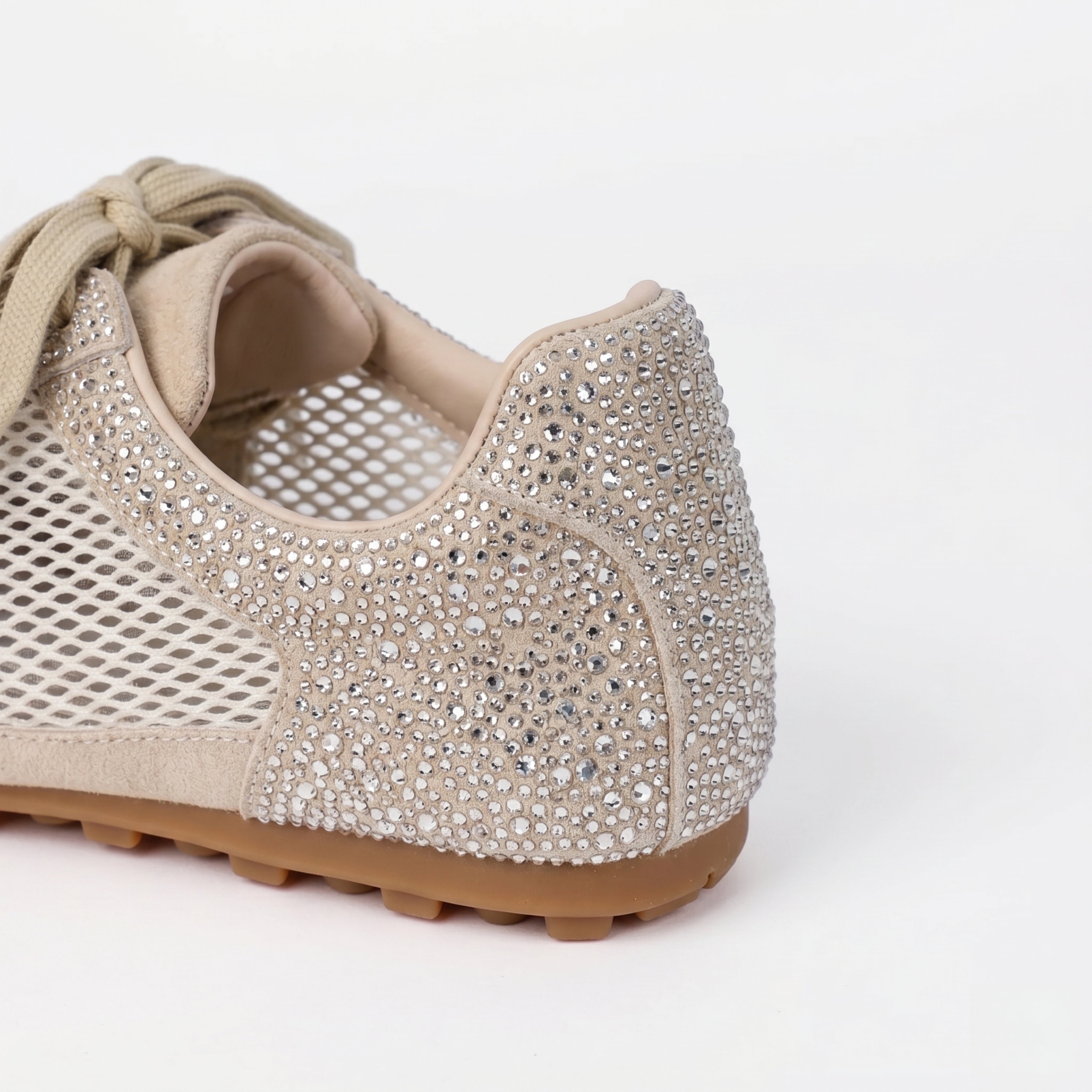 The Dual Stride Beige Sparkling Rhinestone Mesh Sneakers