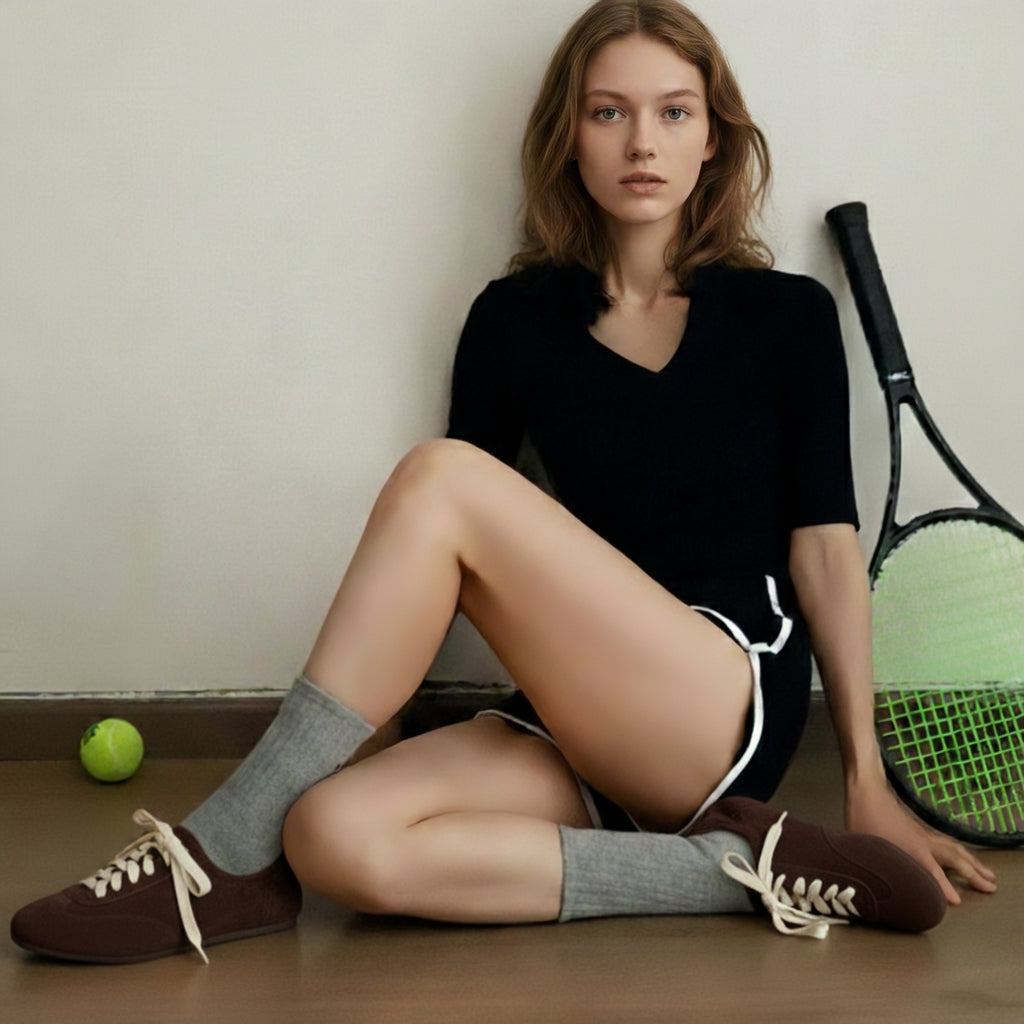 The Dual Stride Women's Chocolate Brown Minimalist Suede Trainers