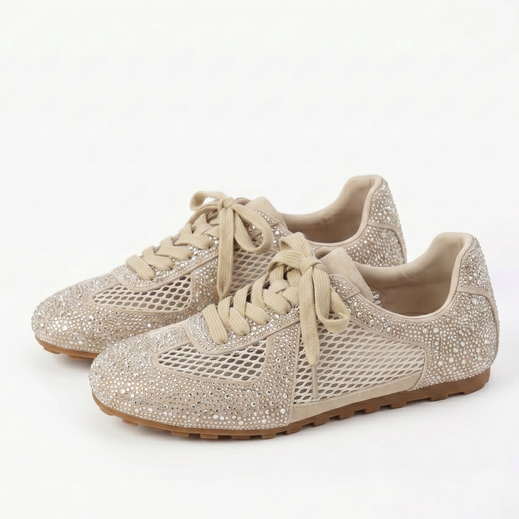The Dual Stride Beige Sparkling Rhinestone Mesh Sneakers