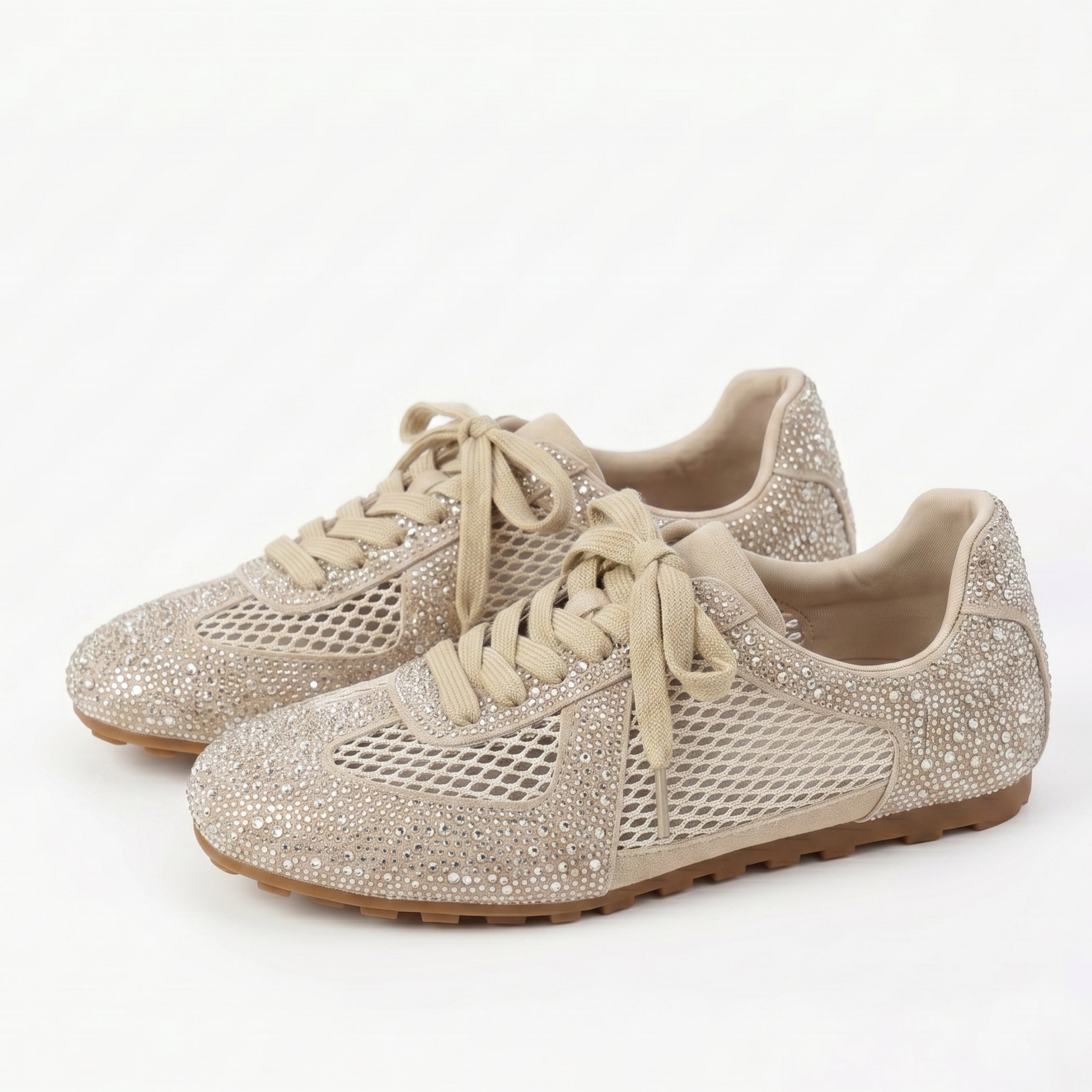 The Dual Stride Beige Sparkling Rhinestone Mesh Sneakers
