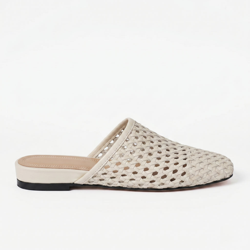 The Dual Stride White  Woven Leather Mules