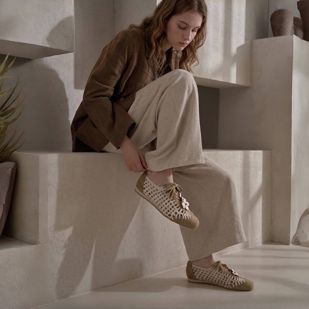 The Dual Stride Khaki Open-Weave Suede Flats