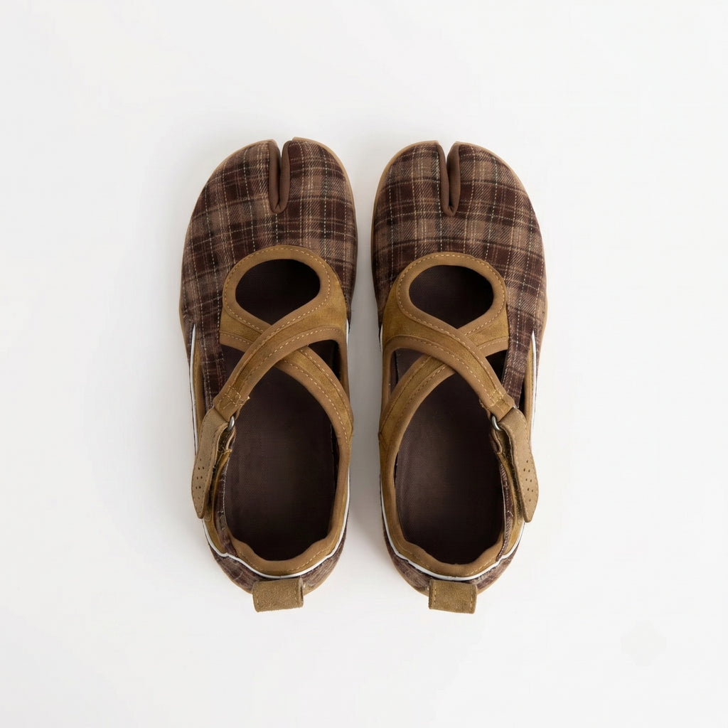 The Dual Stride Brown Vintage Plaid Tabi Mary Janes