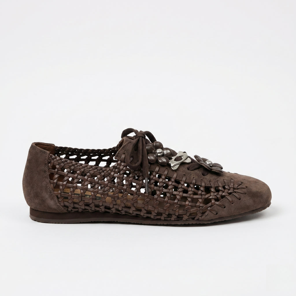 The Dual Stride Brown Open-Weave Suede Flats
