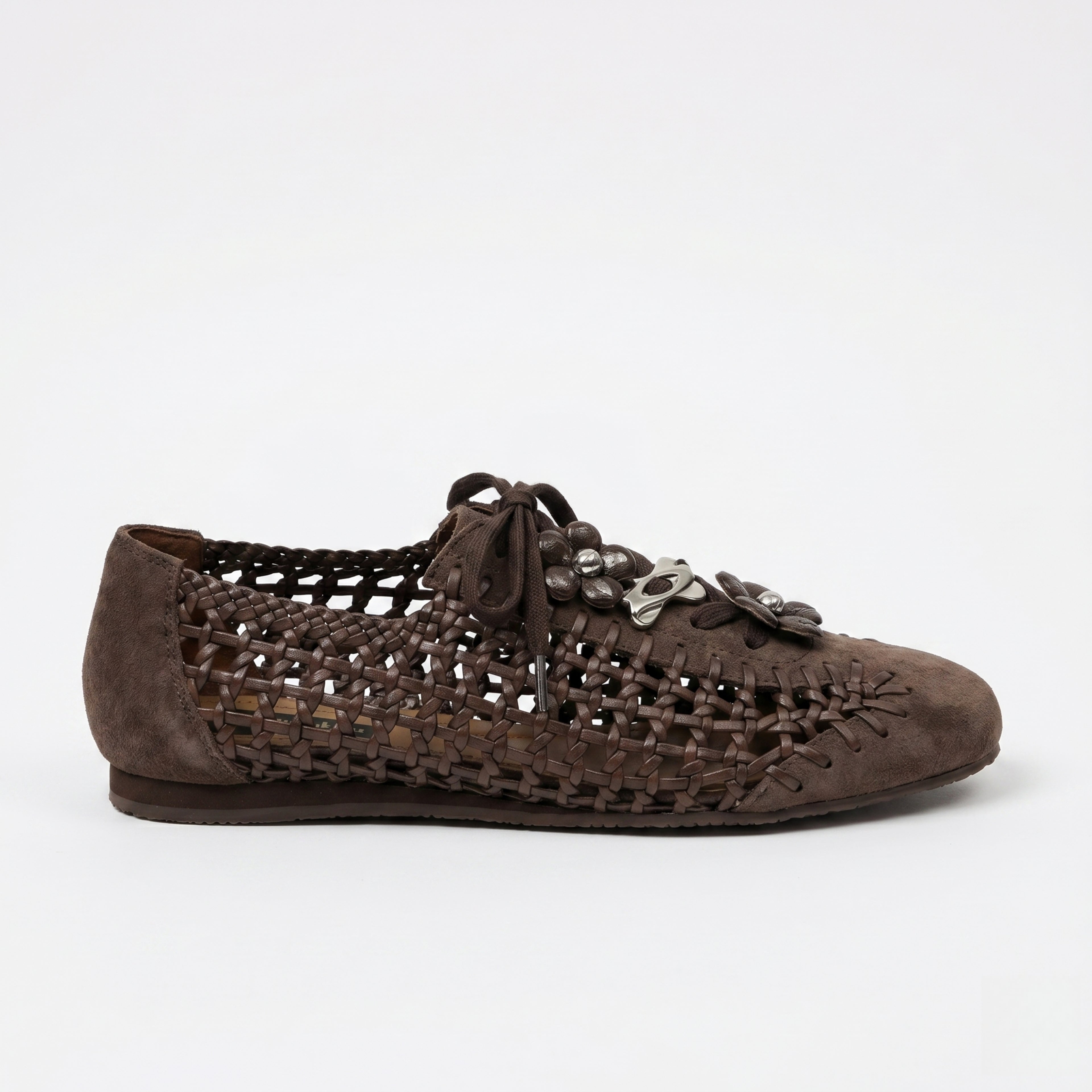 The Dual Stride Brown Open-Weave Suede Flats
