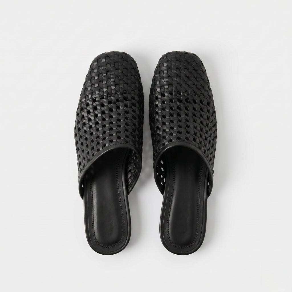 The Dual Stride Black Woven Leather Mules