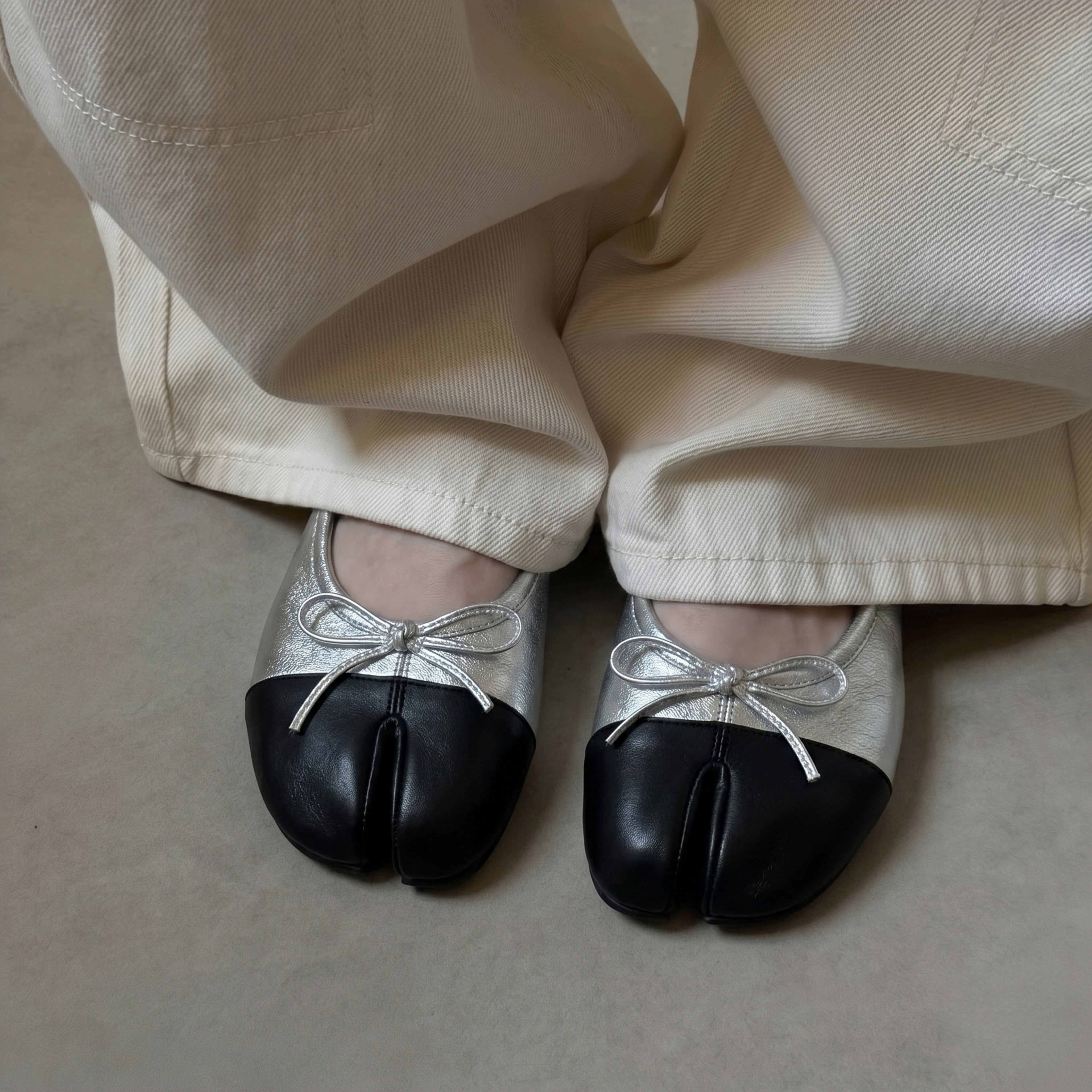 The Dual Stride Soft Silver Lambskin Split-Toe Flats