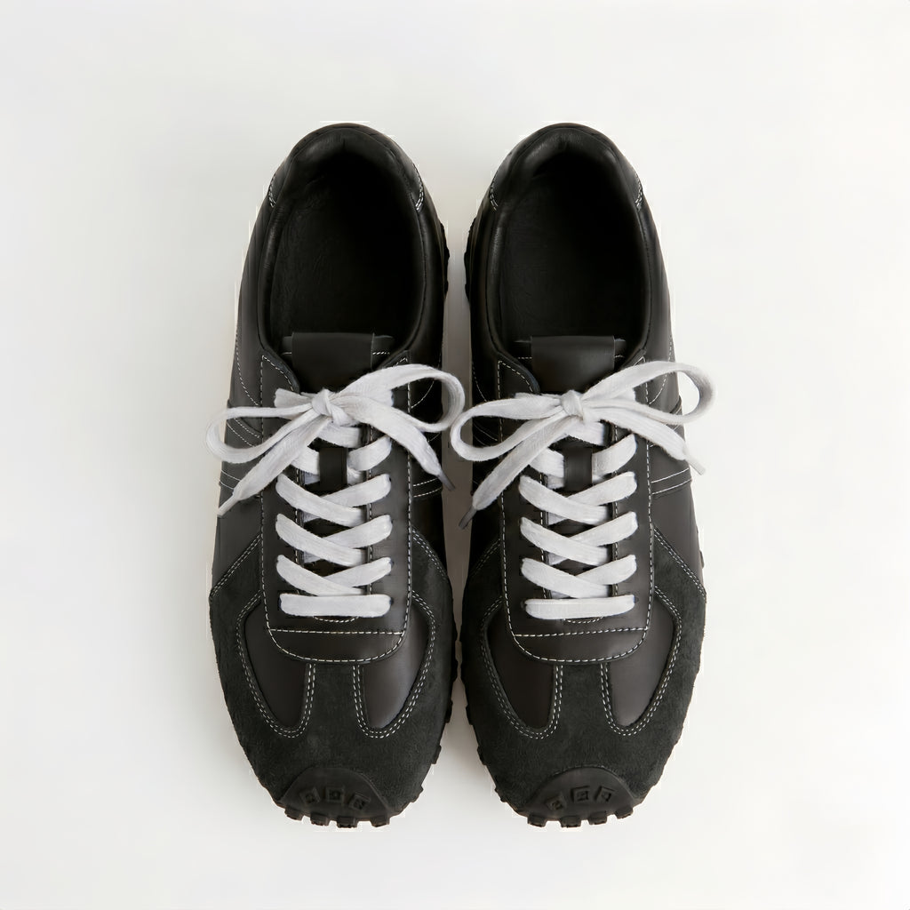 The Dual Stride Classic Black Leather Square-Toe Sneakers