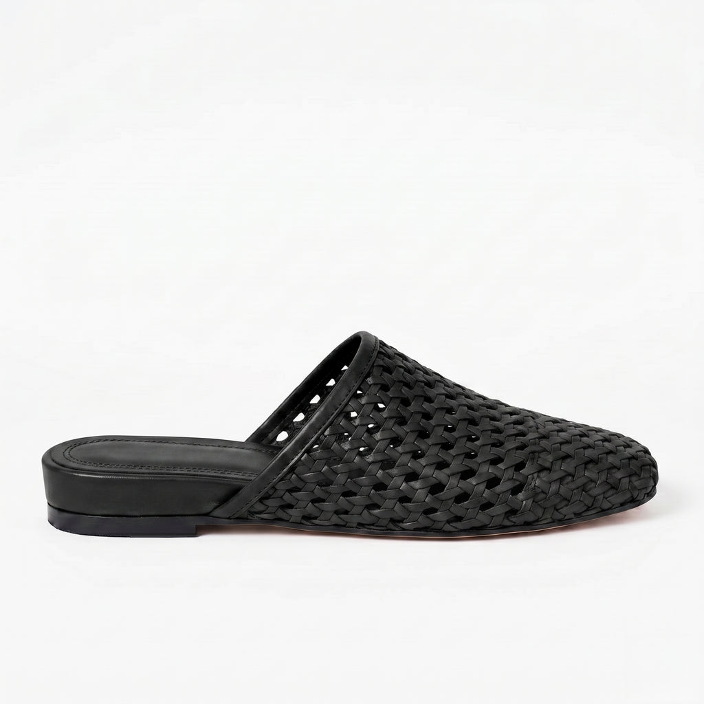 The Dual Stride Black Woven Leather Mules