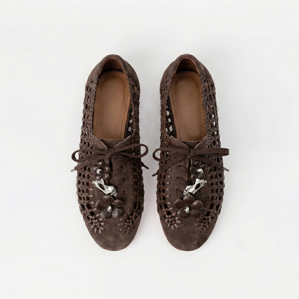 The Dual Stride Brown Open-Weave Suede Flats
