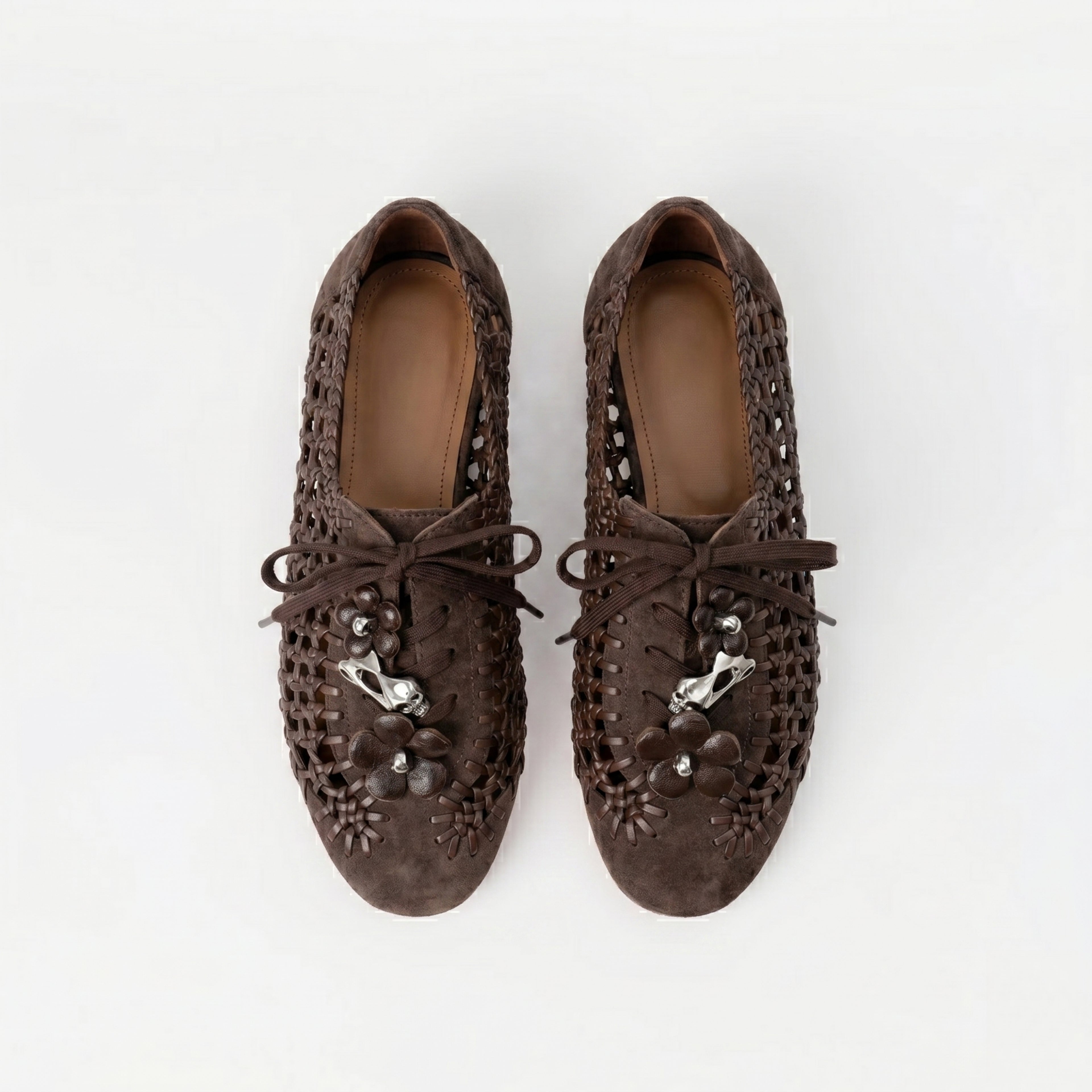 The Dual Stride Brown Open-Weave Suede Flats