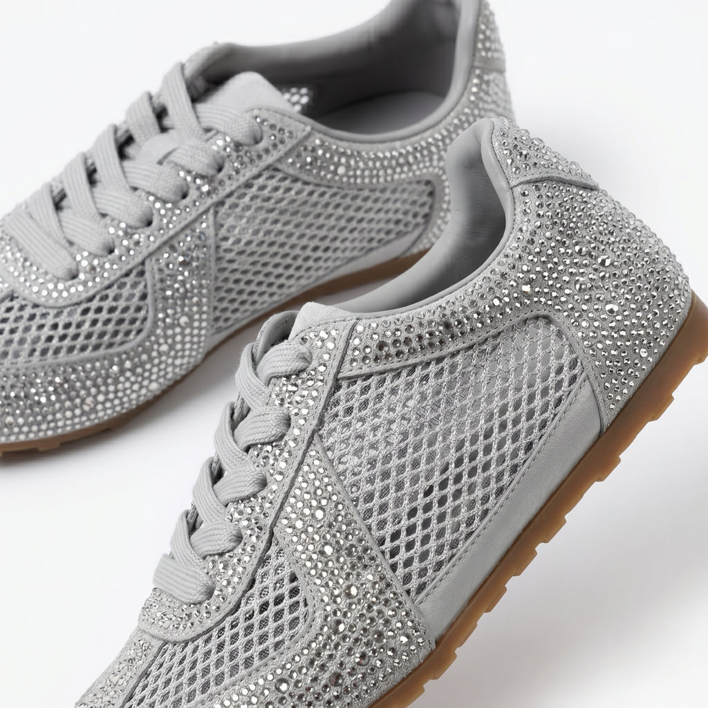 The Dual Stride Grey Sparkling Rhinestone Mesh Sneakers