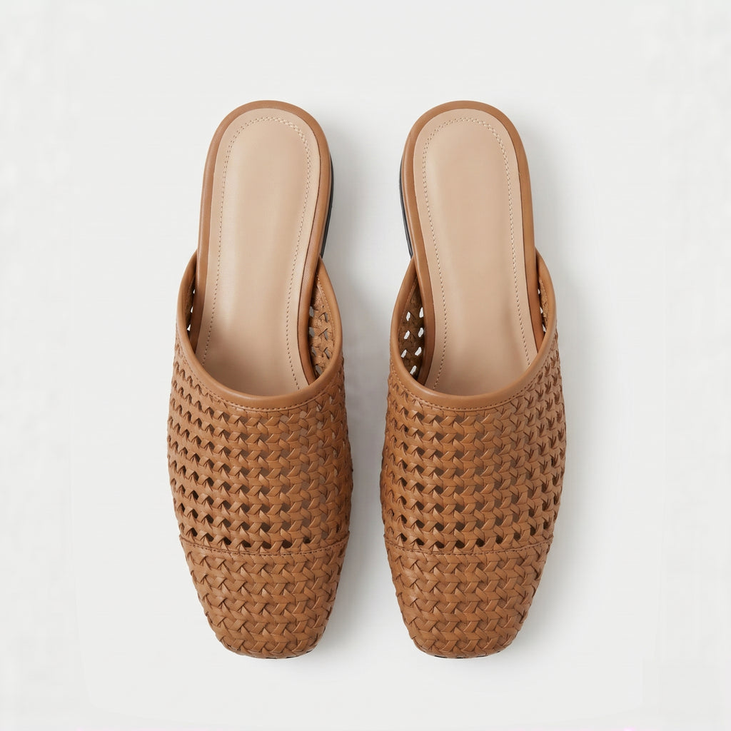The Dual Stride Brown Woven Leather Mules