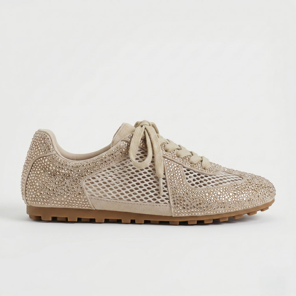 The Dual Stride Beige Sparkling Rhinestone Mesh Sneakers
