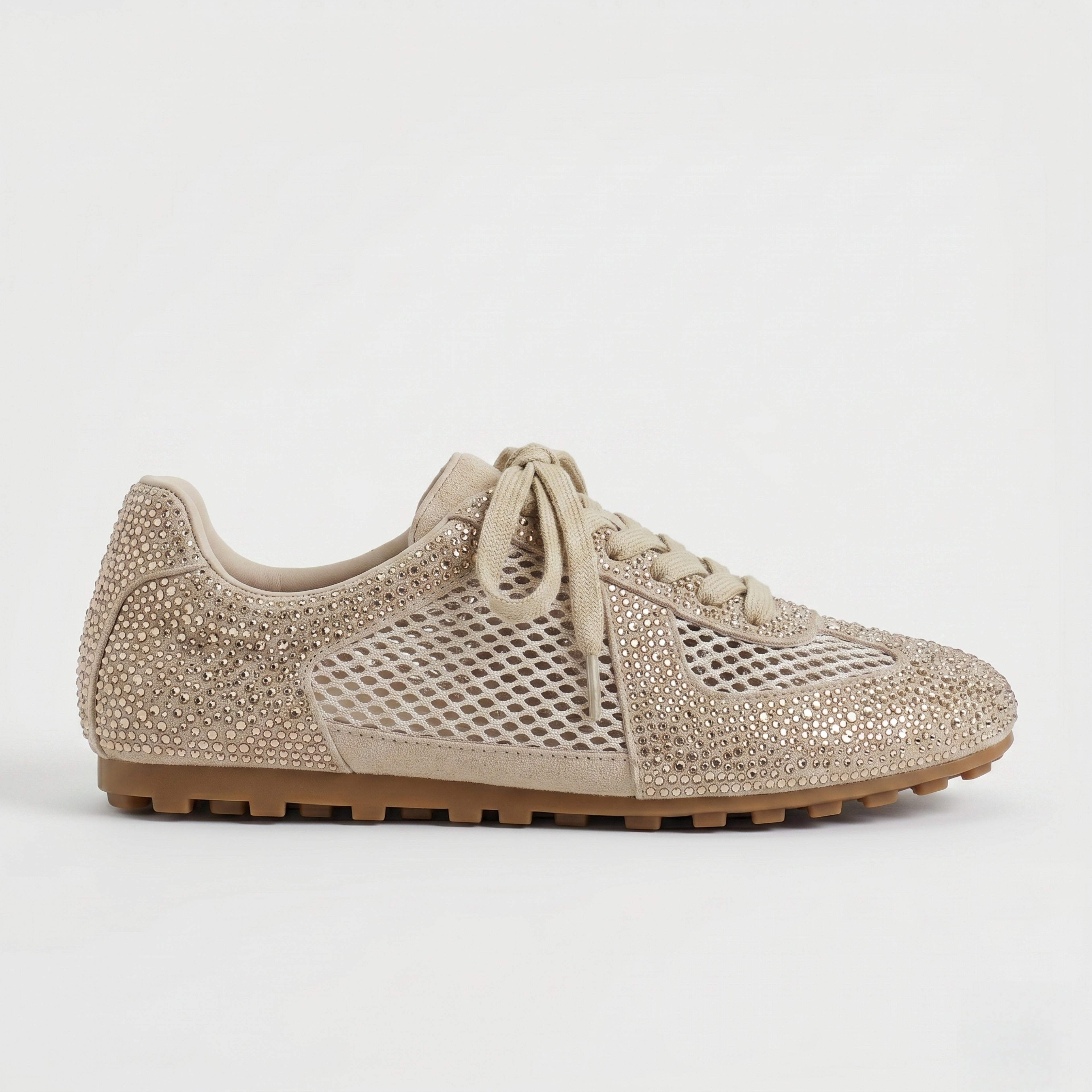 The Dual Stride Beige Sparkling Rhinestone Mesh Sneakers