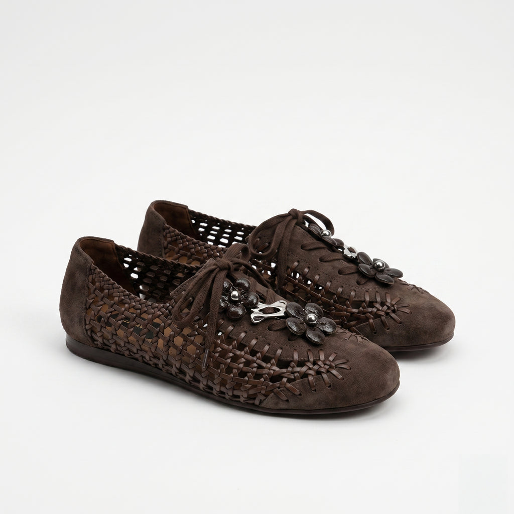 The Dual Stride Brown Open-Weave Suede Flats