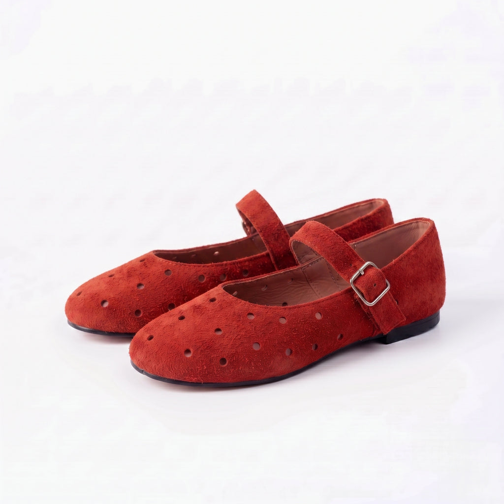 The Dual Stride Women's Red Perforated Suede Mary Jane Flats