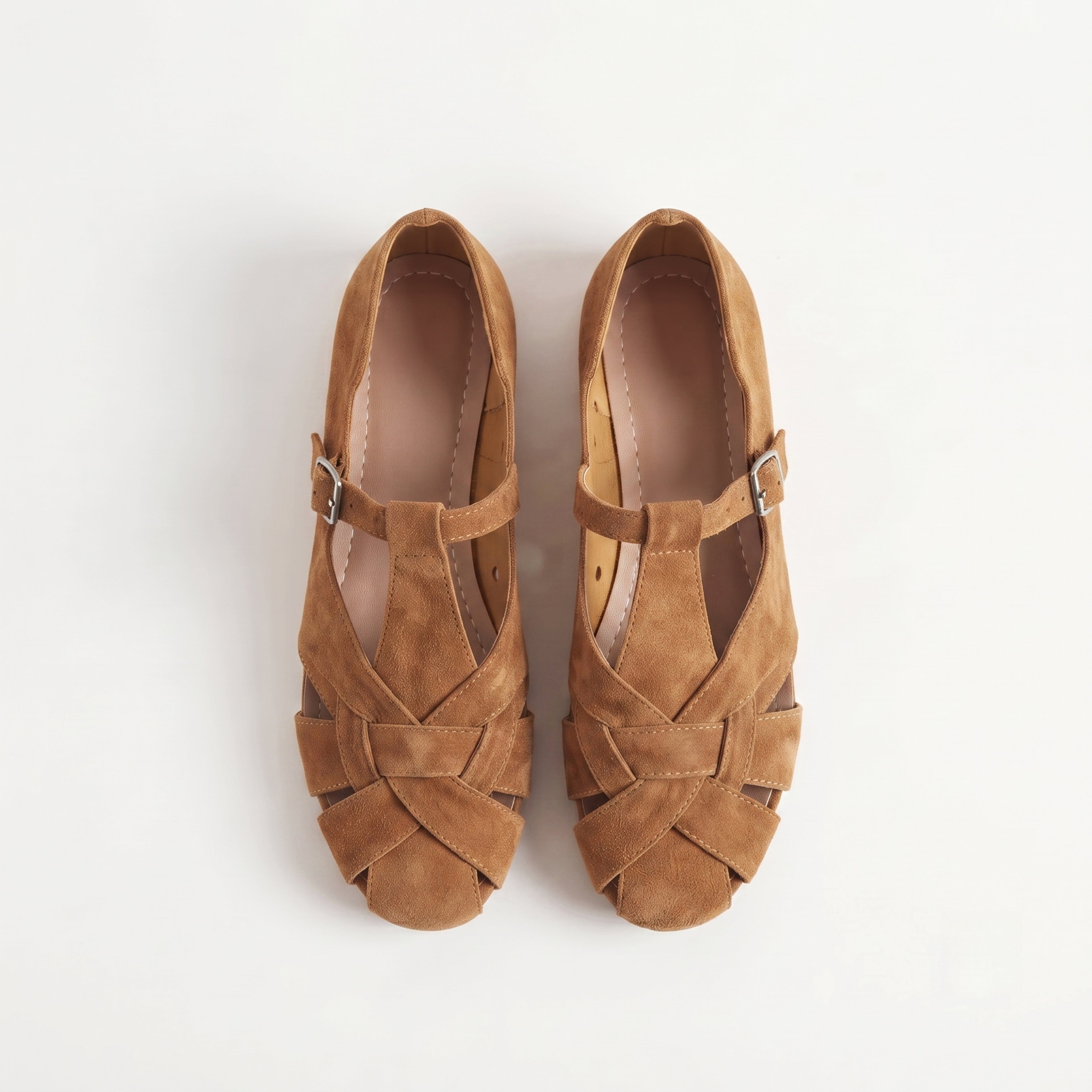 The Dual Stride Brown Handcrafted Suede T-Strap Flats
