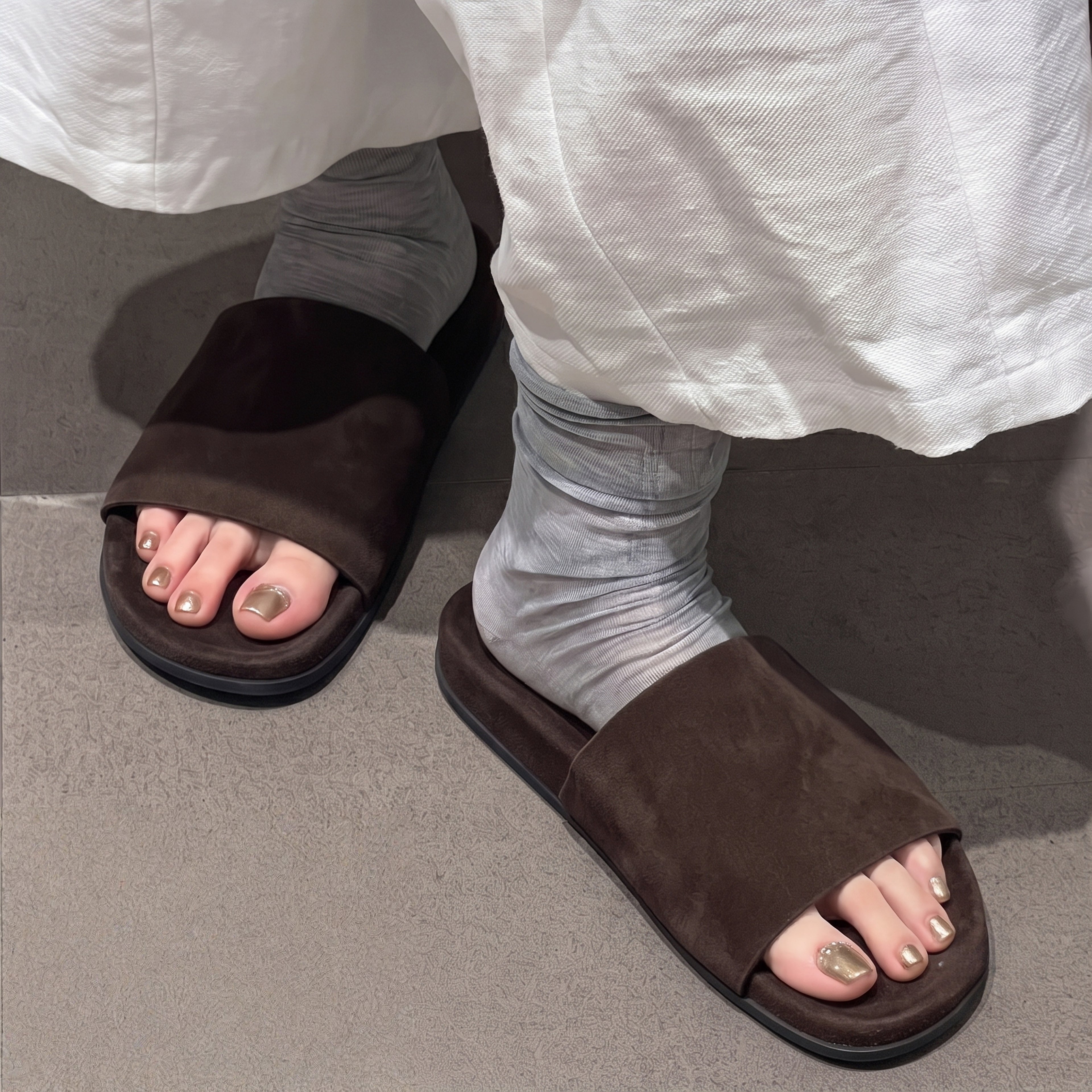 The Dual Stride Chocolate Brown Minimalist Suede Slide Sandals